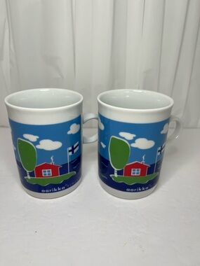 Blue Finnish Cottage Ceramic Mugs - Set of 2